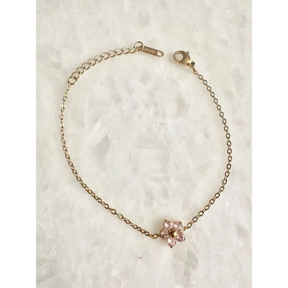 Delicate light pink cubic zirconia flower chain bracelet